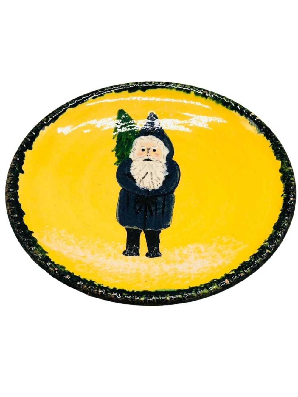 Christmas Santa tree plate terracotta hand made blue yellow 9" made U.S.A. READ